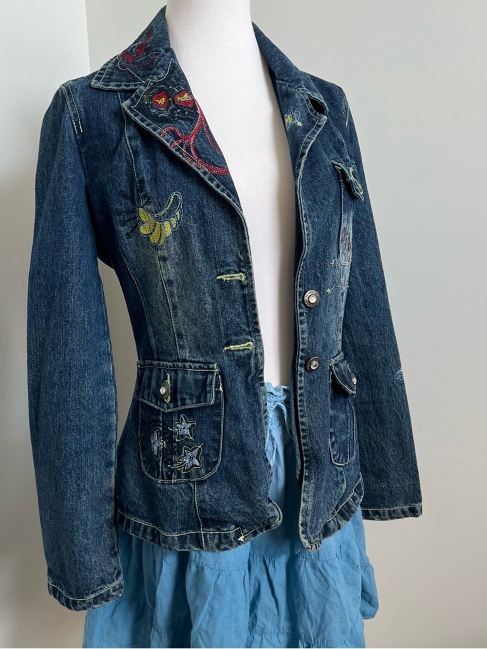 Vintage Embroidered Denim Coat – Boho Fairycore Y2K Jacket S - Picture 3 of 9